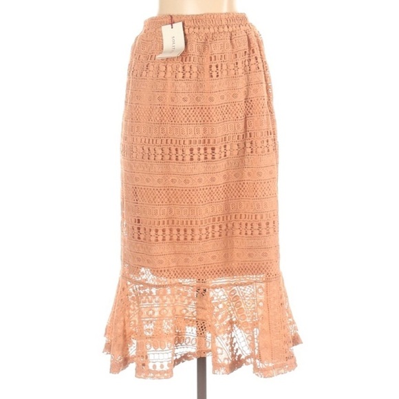 Anthro Solitaire Peach Lace Victorian modern Crocheted boho skirt ruffle hem new - Picture 2 of 10